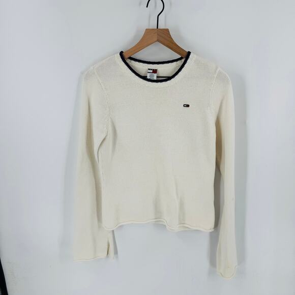 Vintage Tommy Hilfiger Cream Knit Sweater Flag Logo Crewneck Size L (Runs Small) - Picture 1 of 10